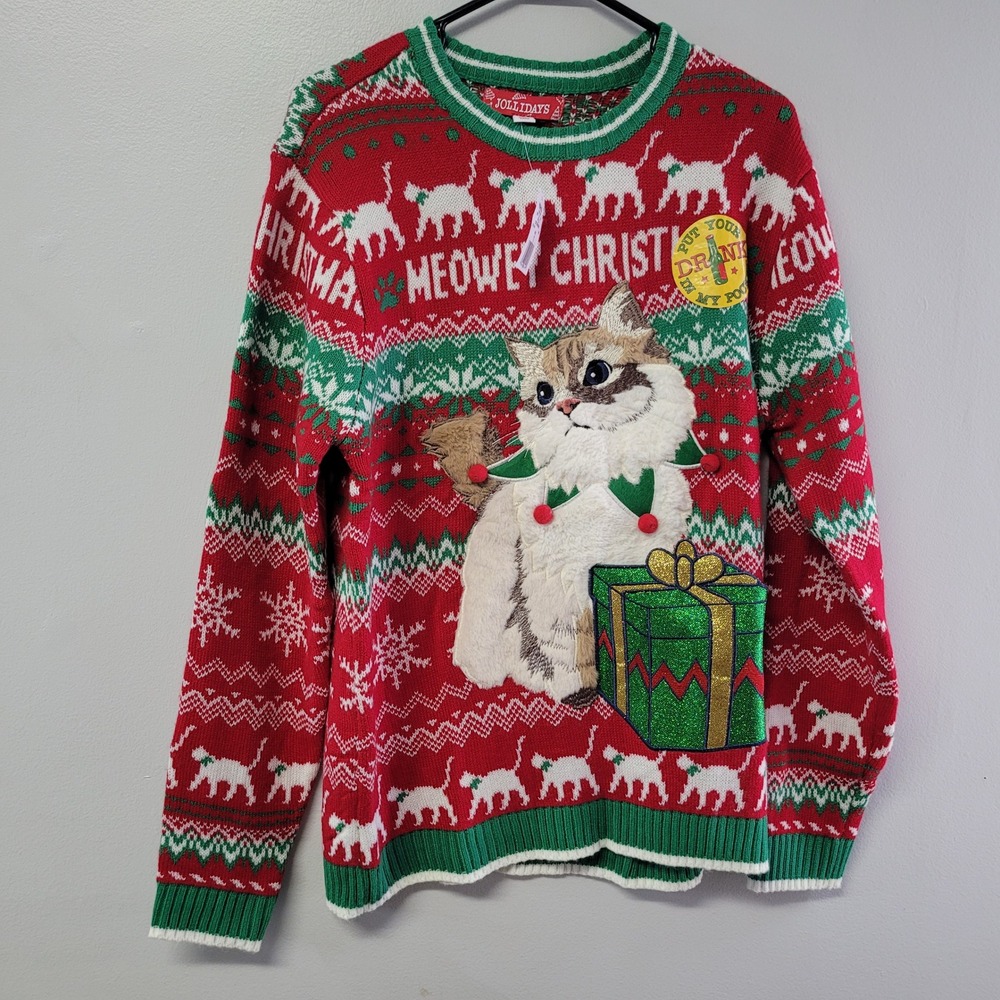 Jollidays Meowey Christmas Cat Ugly‎ Sweater Red Green Mens Medium EST06066BK